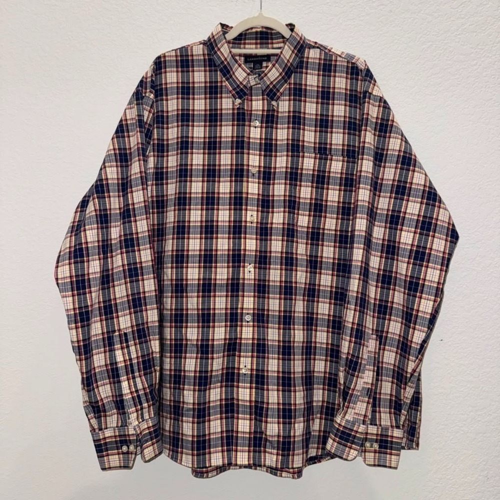 Lands' End Men's 18-18.5(2XL) Button Down Shirt Madras Style Tartan Plaid Casual